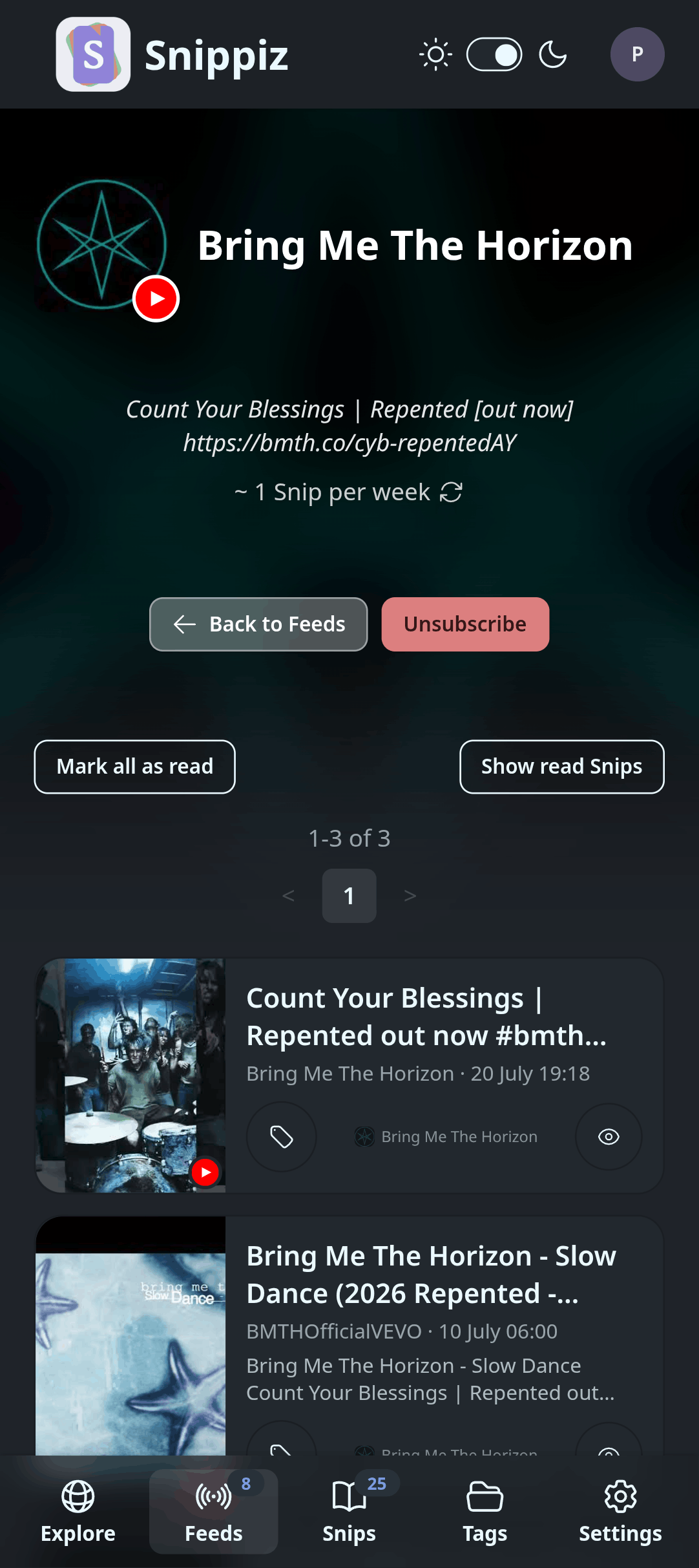 A Feed's page on mobile, dark theme, showing its latest Snips