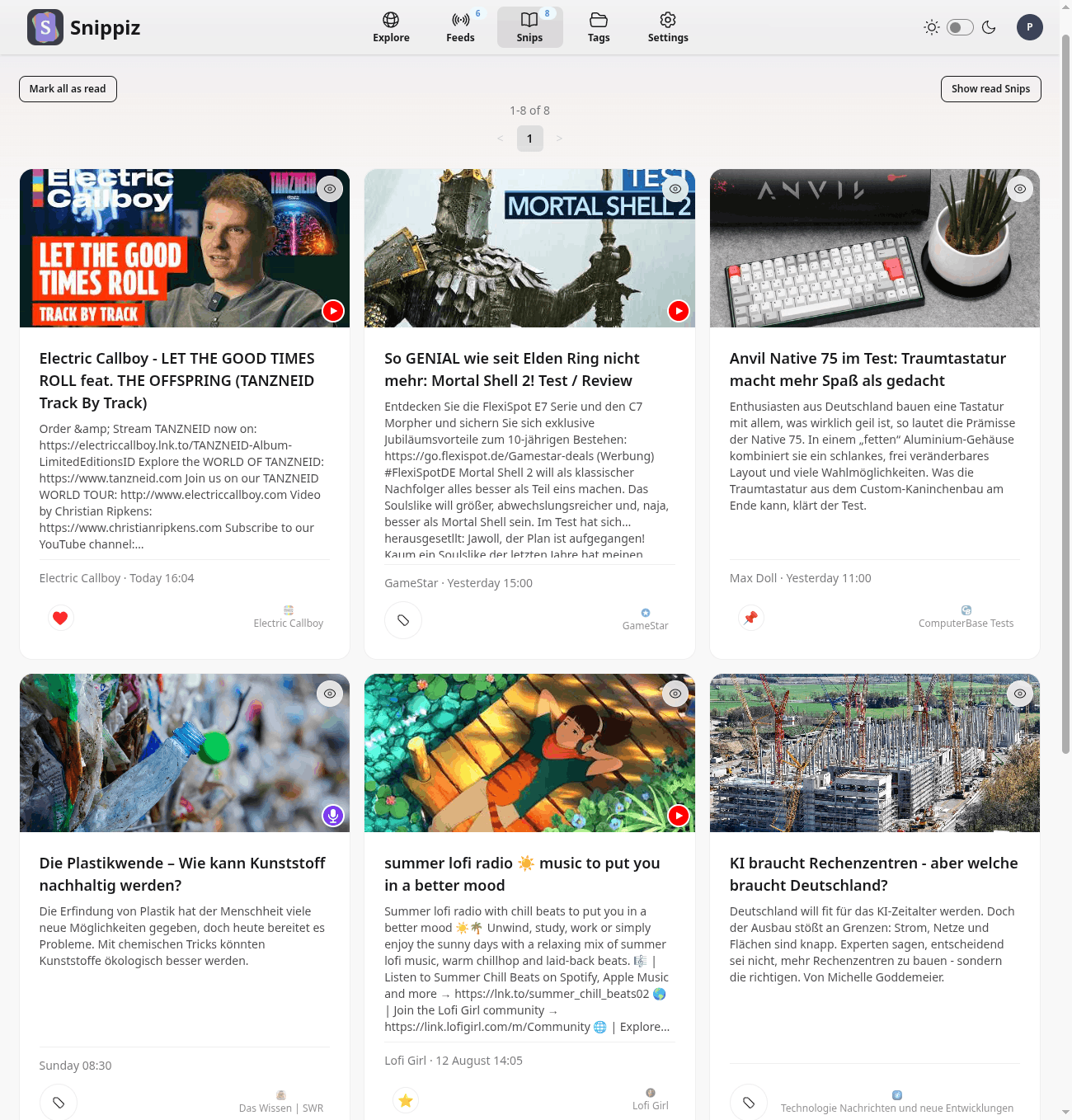 The Snips inbox showing entries from YouTube, news, and podcast Feeds