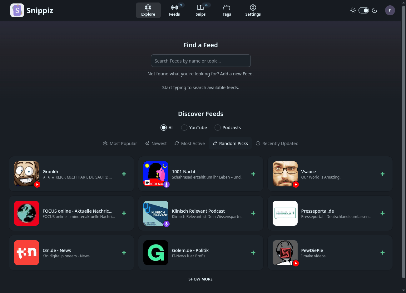 The Explore page for discovering new Feeds to follow