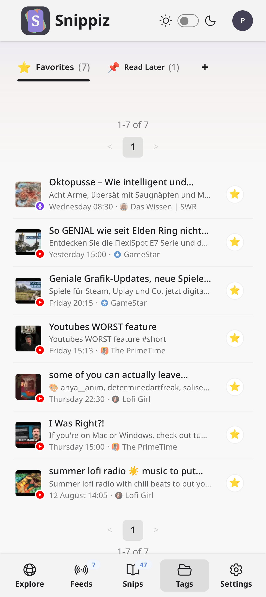 The Tags page on mobile, light theme, showing a Favorites tab